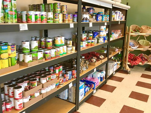 Shelves with canned goods